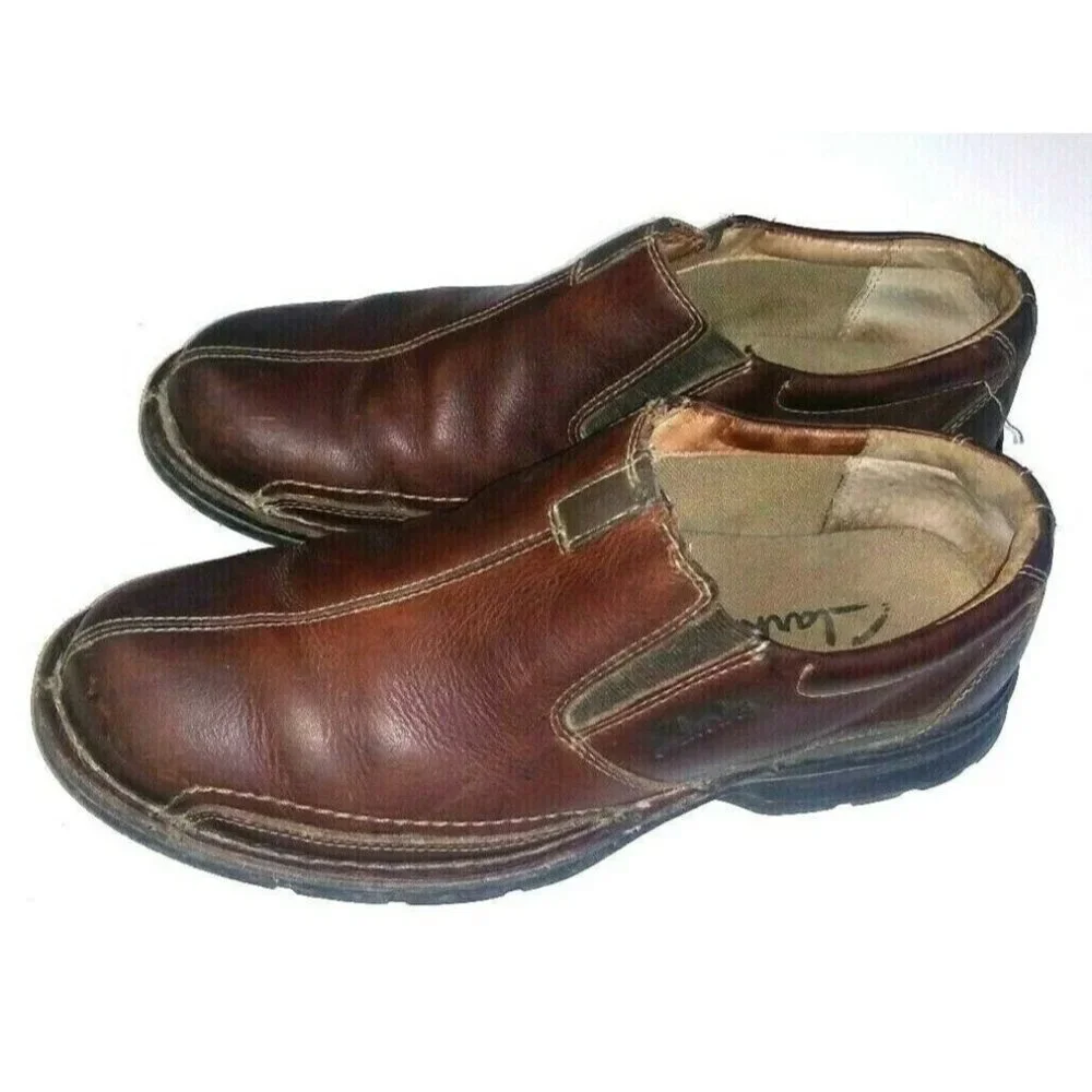 CLARKS LOAFERS mens 10M Leather Brown COTRELL Round Toe Slip On Shoes 78538 EUC